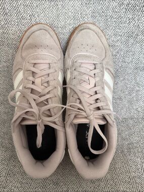 adidas Women's Beige Suede Sneakers with White Stripes